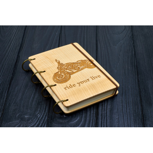Блокнот А6 "Мотоцикл" з натурального дерева на кільцях. Записна книжка. Альбом для малювання. Щоденник.