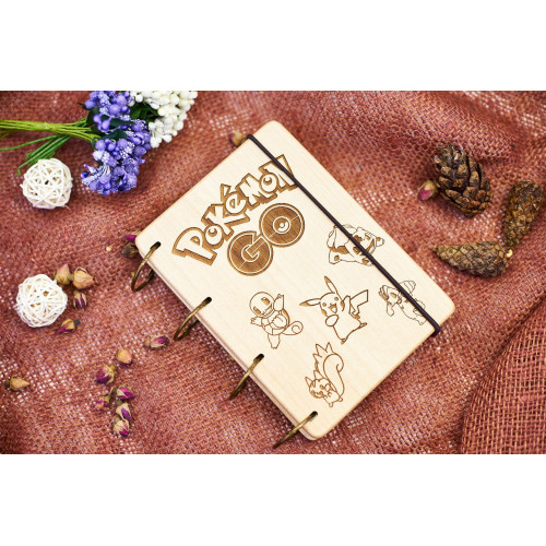 Блокнот А6 "Покемон" з натурального дерева на кільцях. Записна книжка. Альбом для малювання. Щоденник.