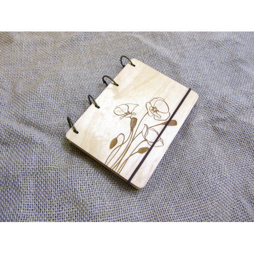 Блокнот А6 "Маки" з фанери на кільцях. Записна книжка. Альбом для малювання. Щоденник.