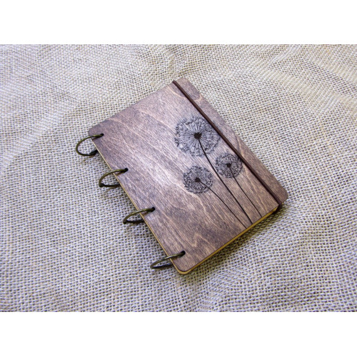 Блокнот А6 "Одуванчики" з фанери на кільцях. Записна книжка. Альбом для малювання. Щоденник.