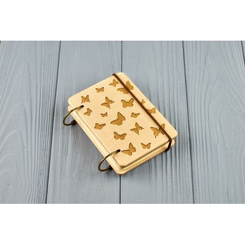 Кишеньковий блокнот з дерева формат А7 на кільцях "Метелики"