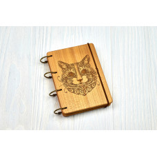 Блокнот деревяний А6 Кіт стиль михенди з натурального дерева на кільцях 60 аркушів.